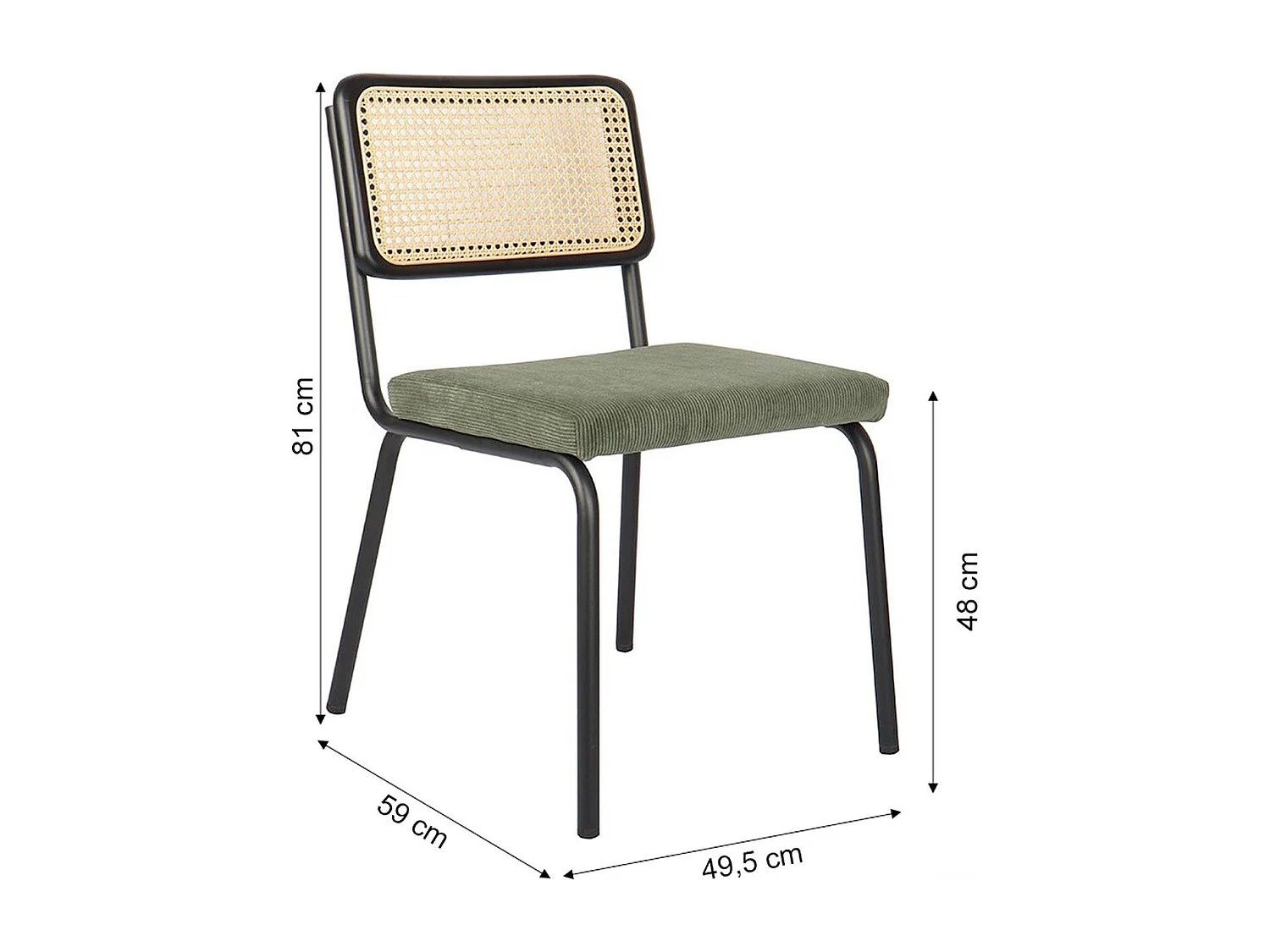 Lot de 2 chaises en métal et bois noir, cannage naturel et velours côtelé vert - Paula
