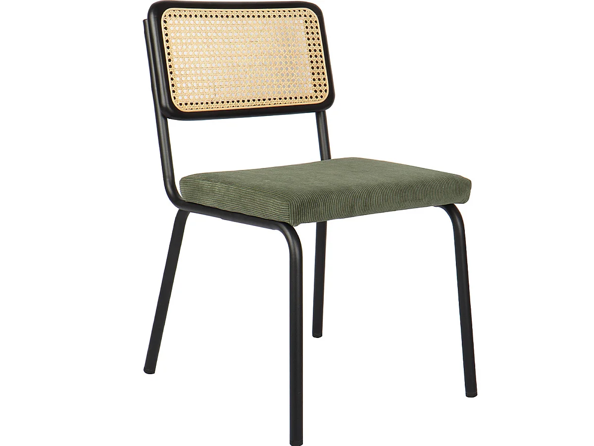 Lot de 2 chaises en métal et bois noir, cannage naturel et velours côtelé vert - Paula