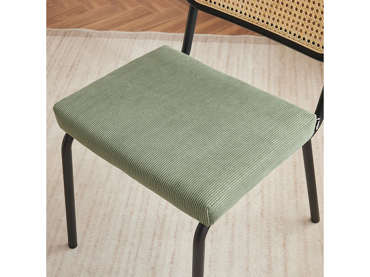 Lot de 2 chaises en métal et bois noir, cannage naturel et velours côtelé vert - Paula