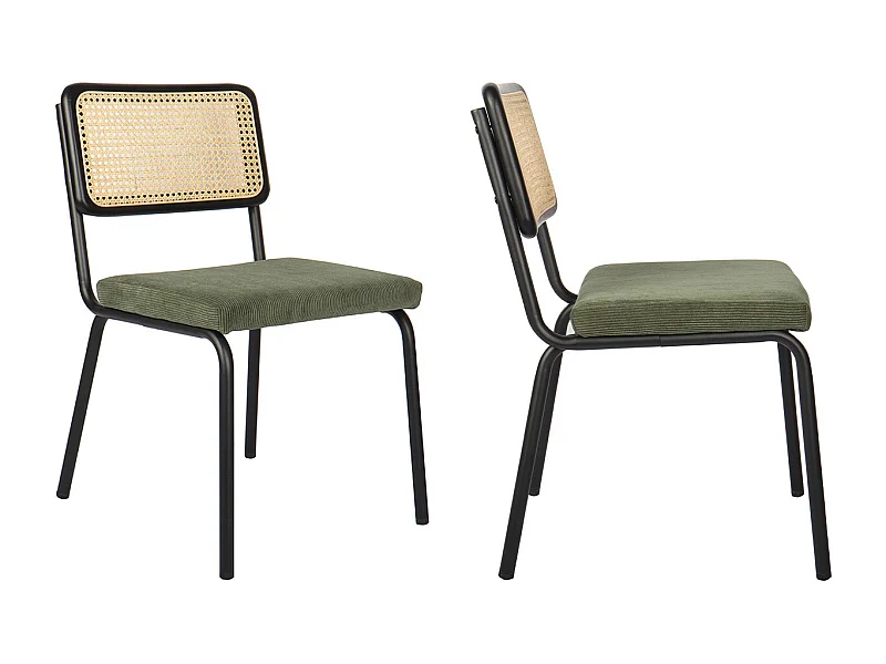 Lot de 2 chaises en métal et bois noir, cannage naturel et velours côtelé vert - Paula