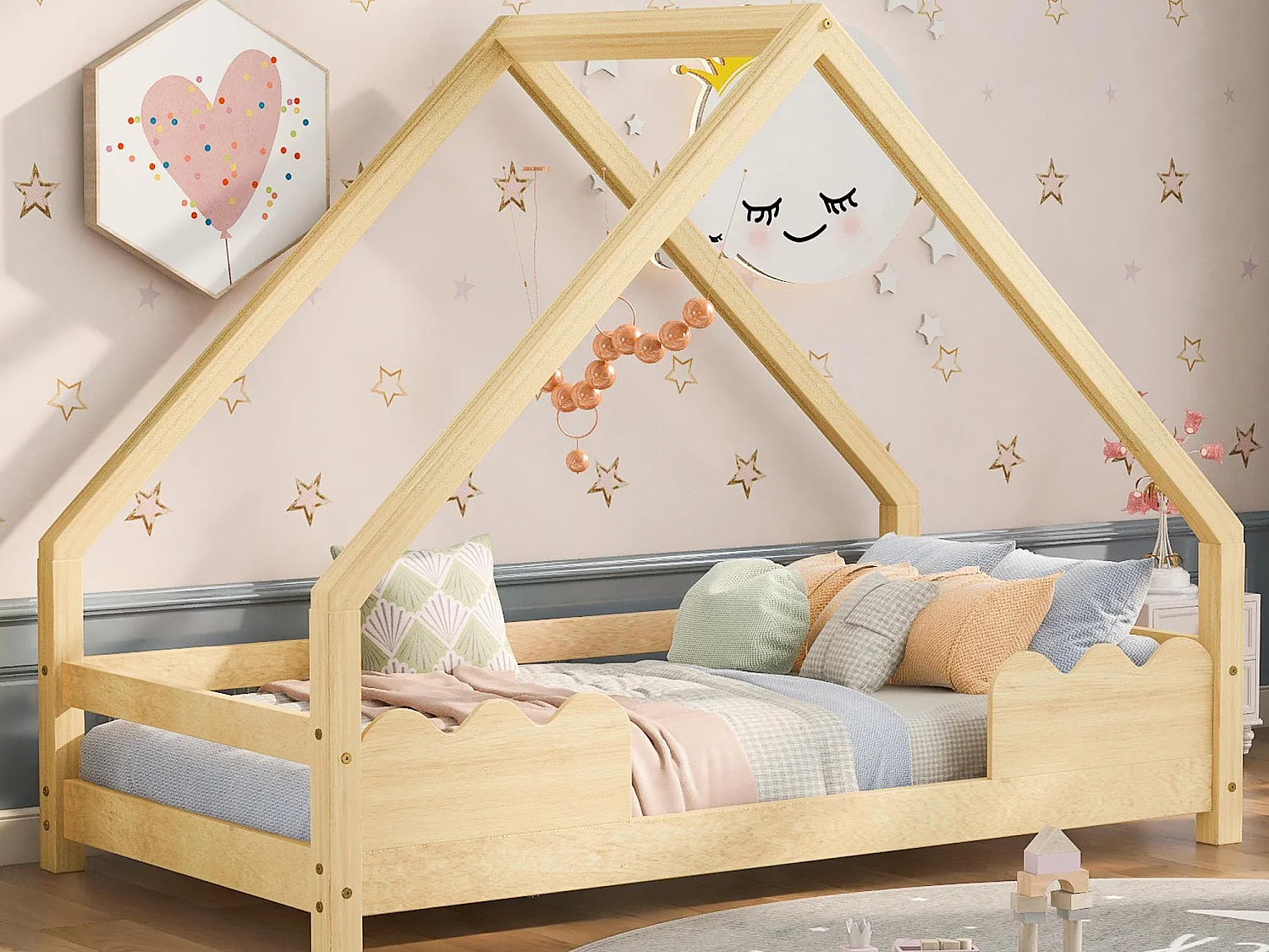 Cabinebed 90x200 cm - grenenhout - met valbeveiliging en lattenbodem - Naturel