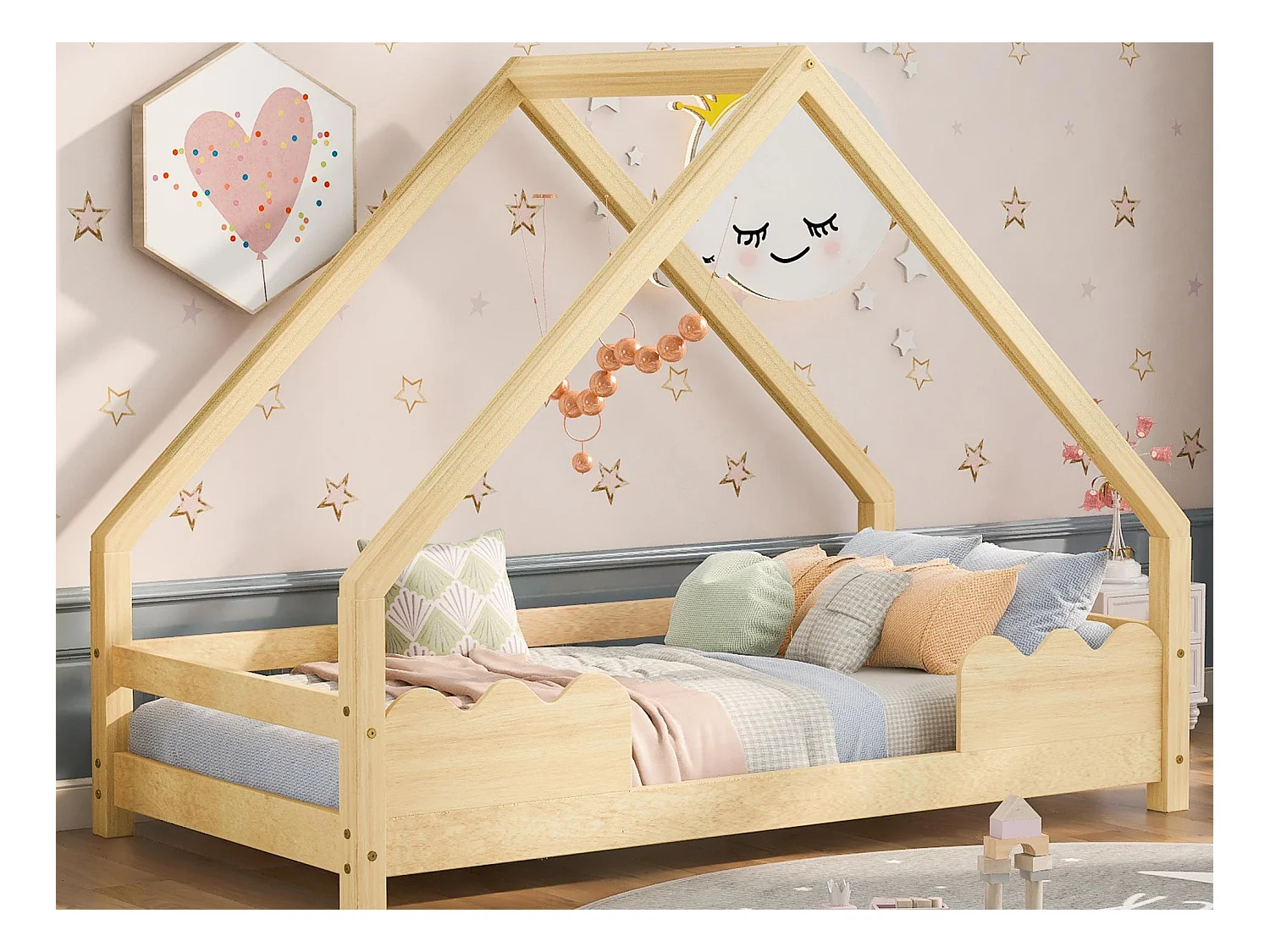 Lit cabane 90x200 cm - en bois de pin - avec proteciton antichute et sommier à lattes - Naturel