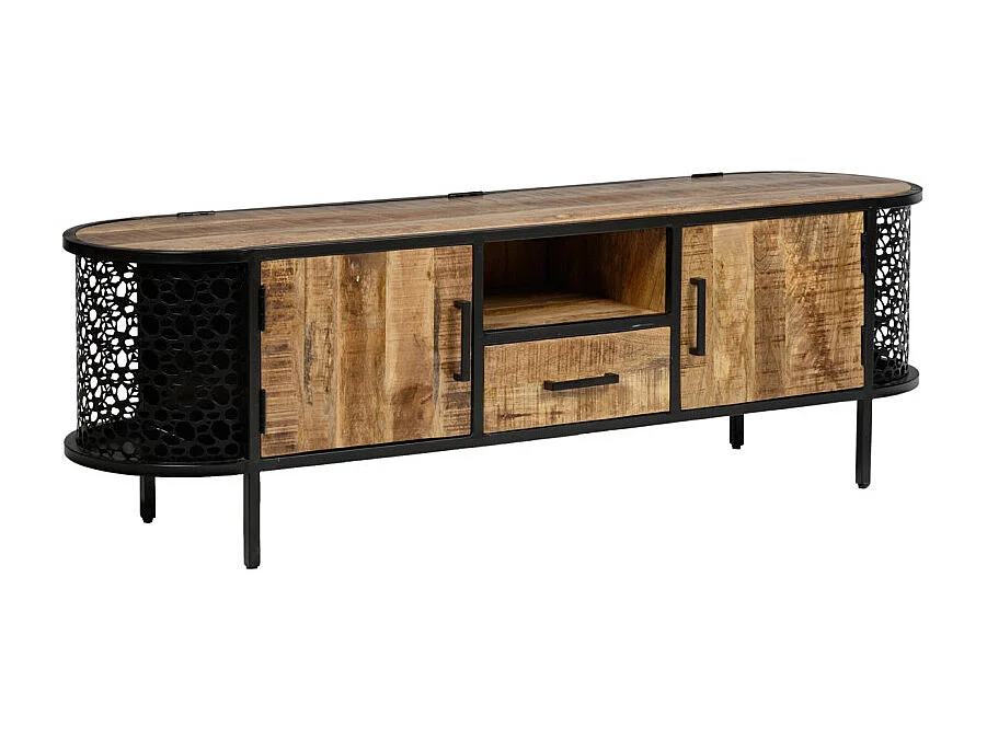 Meuble TV 160 cm en bois de manguier massif et métal ajouré – MANHO