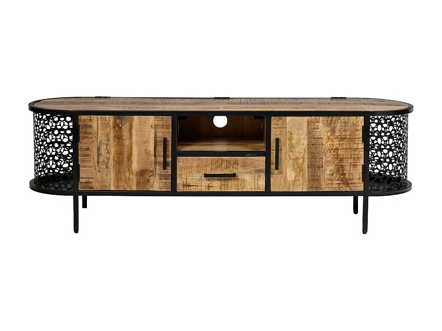 Meuble TV 160 cm en bois de manguier massif et métal ajouré – MANHO