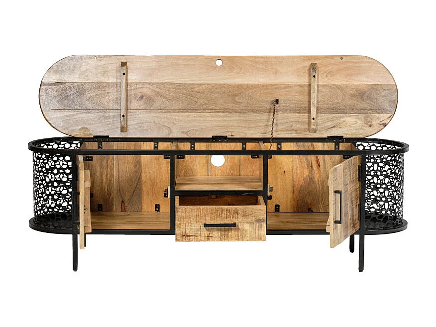Meuble TV 160 cm en bois de manguier massif et métal ajouré – MANHO
