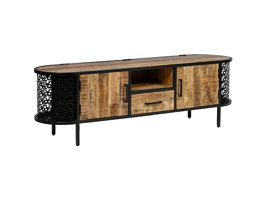 Meuble TV 160 cm en bois de manguier massif et métal ajouré – MANHO
