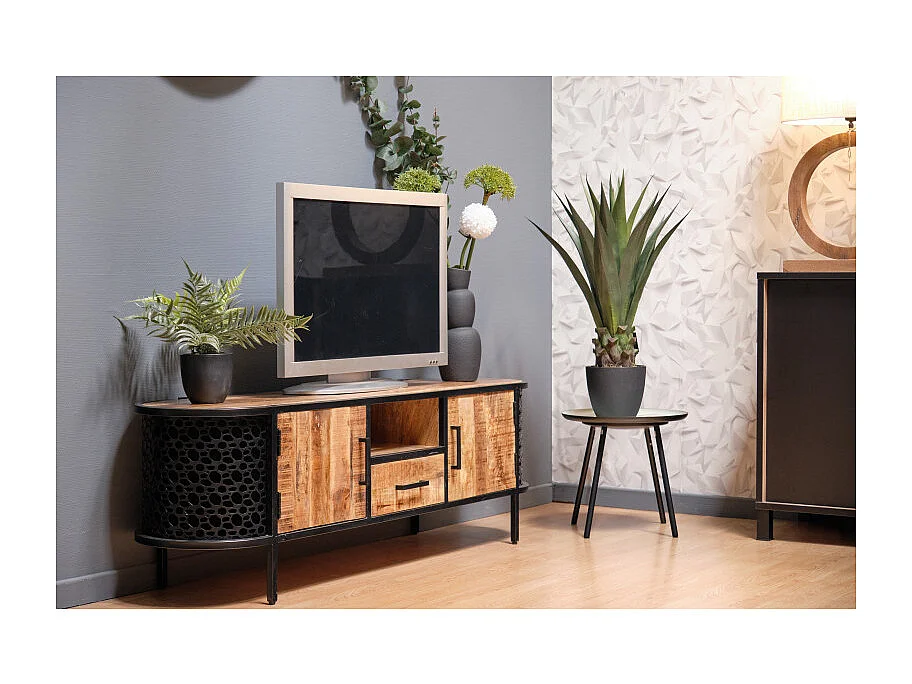 Meuble TV 160 cm en bois de manguier massif et métal ajouré – MANHO