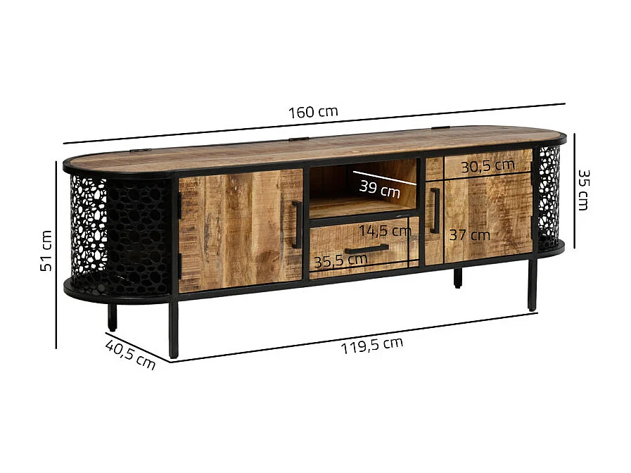 Meuble TV 160 cm en bois de manguier massif et métal ajouré – MANHO