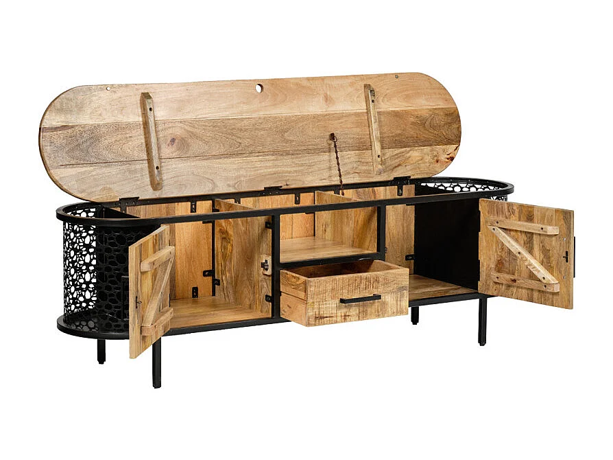 Meuble TV 160 cm en bois de manguier massif et métal ajouré – MANHO