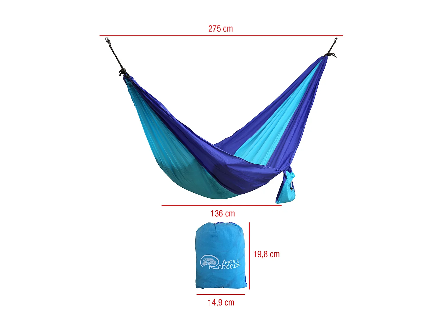 Rebecca Mobili Hamaca Azul Cuerdas de Nylon Lavables Mosquetones 275x136