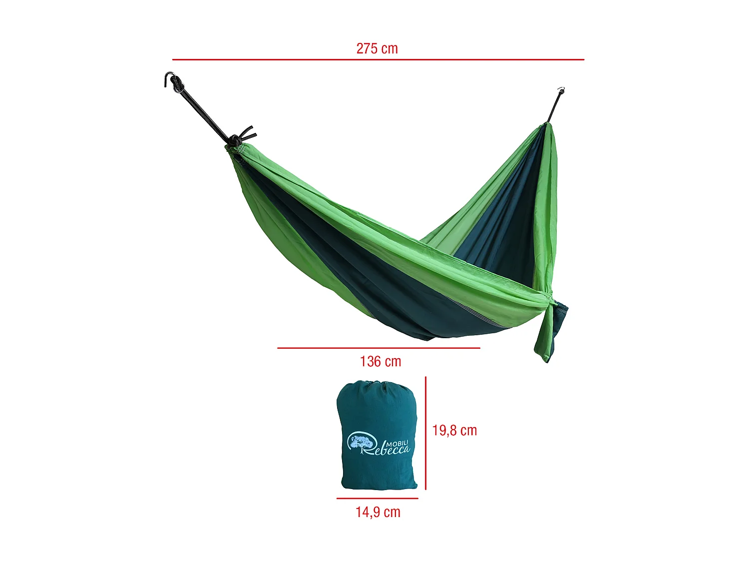 Mobili Rebecca Hamac Vert Nylon Sac de Transpor Lavable Jardin Trekking 275x136