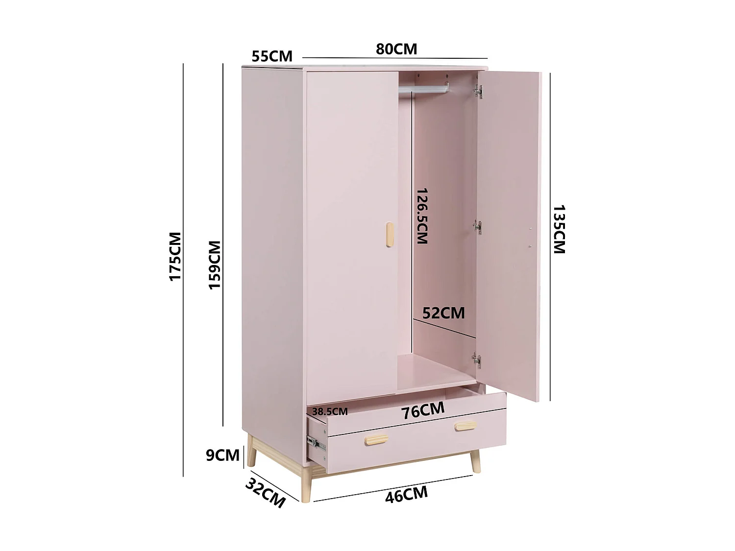 Armadio Mobili Rebecca Amchor 175x80x55 MDF Pino Rosa Marrone Scandinavo Da Montare