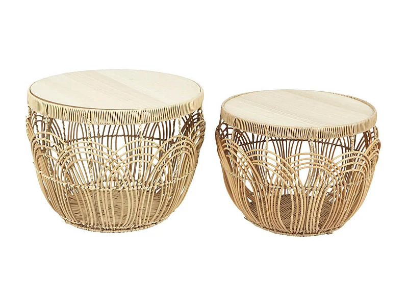 JAYA - Lot de 2 Tables en Rotin Synthétique et Plateau MDF Imitation Bambou