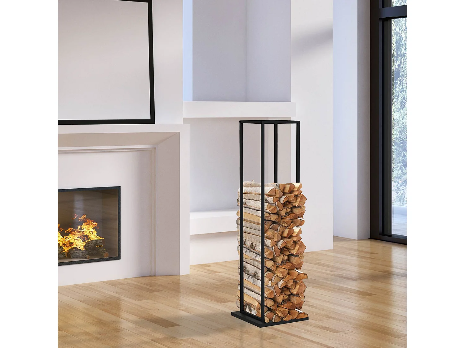 Leñero de Interior Kekai Design 33x33x115 cm con Estructura de Acero Galvanizado y Soporte Inferior, Color Negro