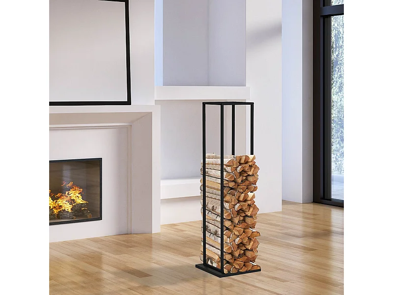 Leñero de Interior Kekai Design 33x33x115 cm con Estructura de Acero Galvanizado y Soporte Inferior, Color Negro