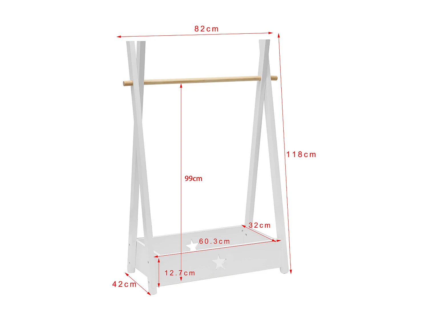 Rebecca Mobili Cabide para Roupa Crianças Montessori Branco MDF Pinho com Prateleira