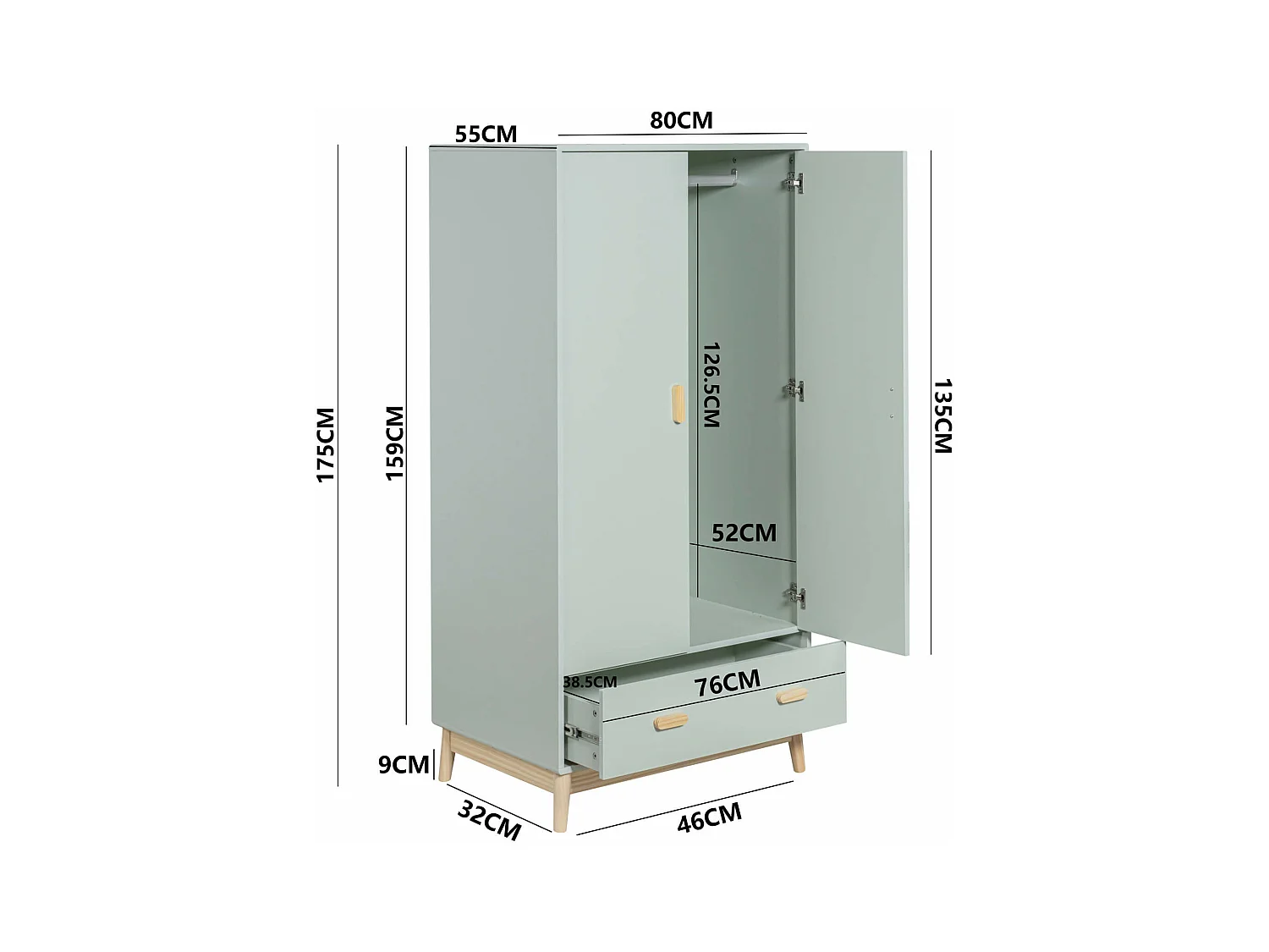 Armadio Mobili Rebecca Kala 175x80x55 MDF Pino Verde Acqua Marrone Scandinavo Da Montare