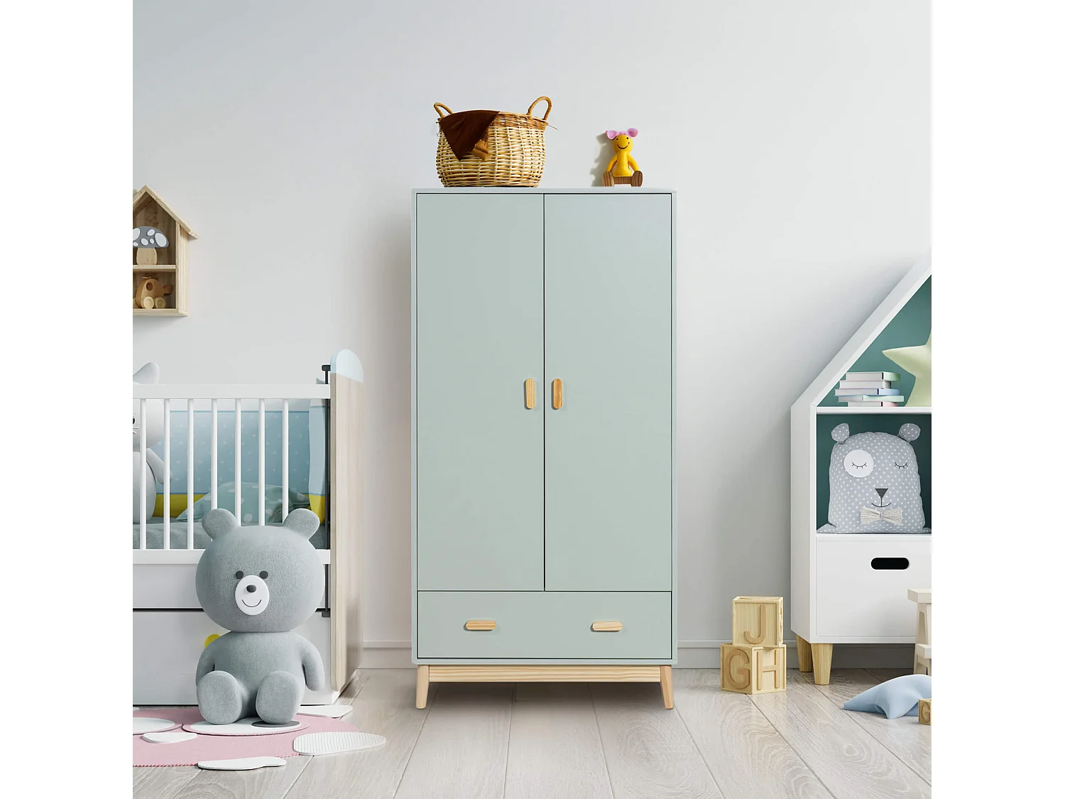 Guardaroupa Mobili Rebecca Kala 175x80x55 MDF Pinho Verde Agua Marrom Escandinavo Para Montar