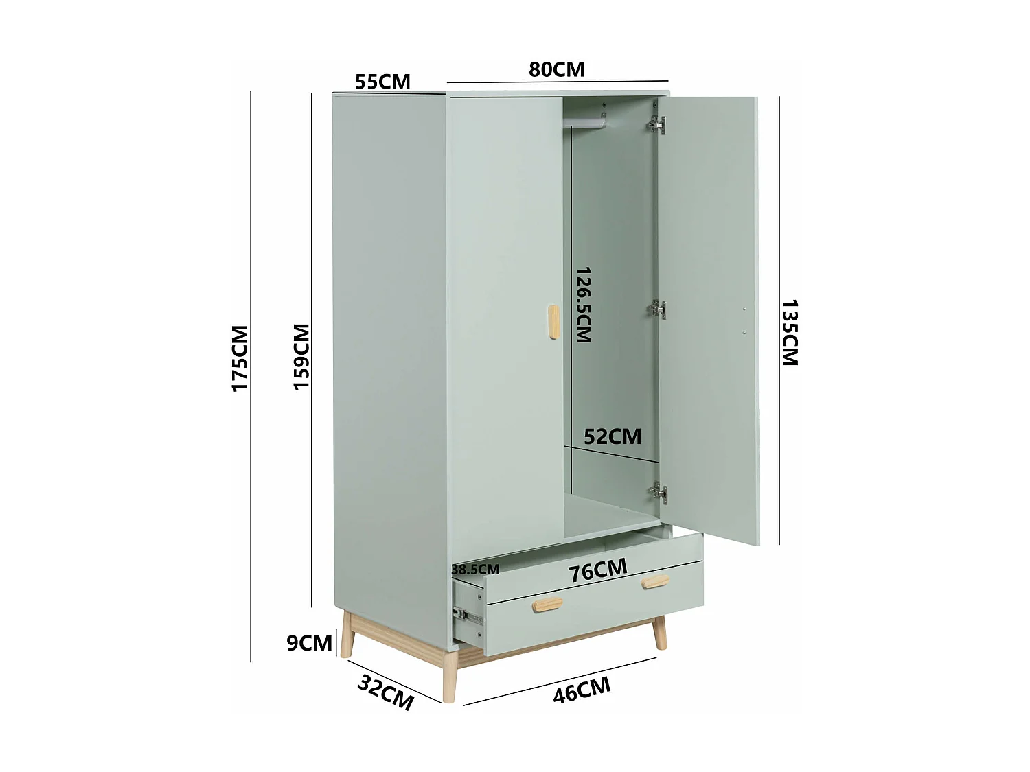 Guardaroupa Mobili Rebecca Kala 175x80x55 MDF Pinho Verde Agua Marrom Escandinavo Para Montar