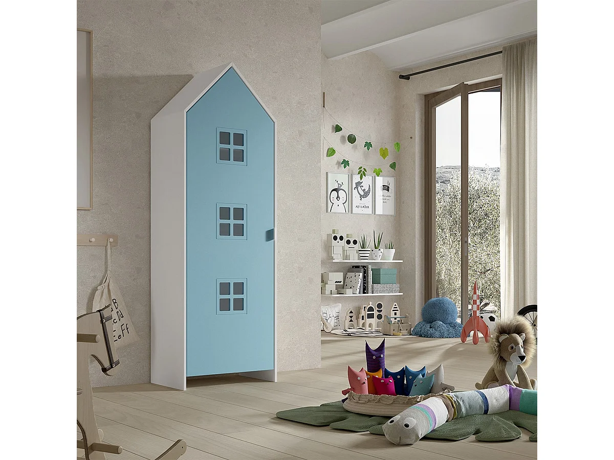 BEAUVILLE - Armoire Cabane 1 Porte Bleue Détail Fenêtres