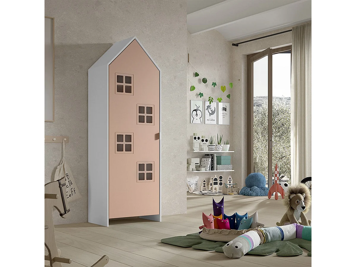 BEAUVILLE - Armoire Cabane 1 Porte Rose Détail Fenêtres