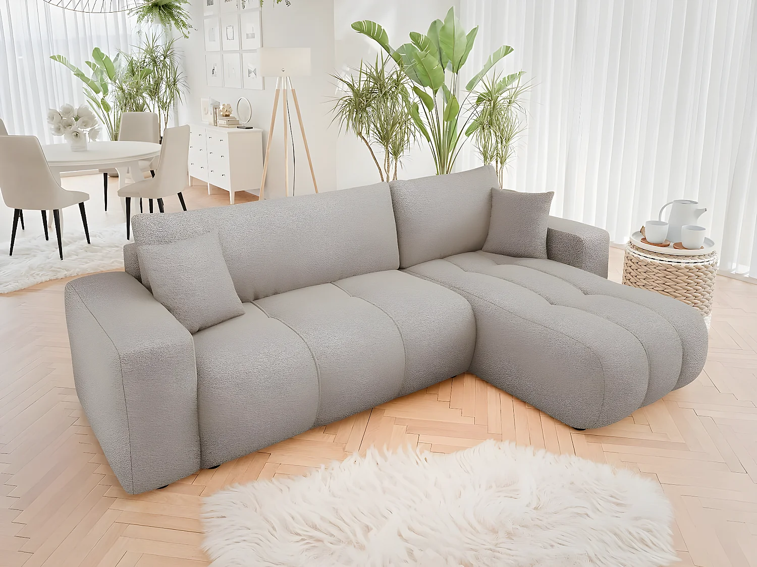 Canapé d'angle convertible bouclette "Larow" - 3 places - Taupe