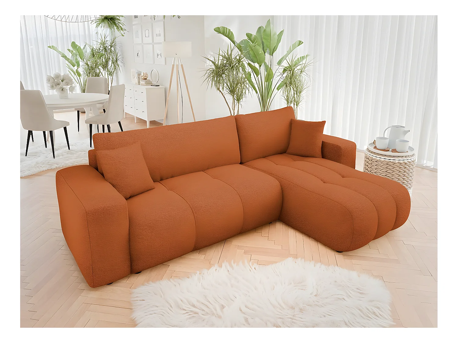 Canapé d'angle convertible bouclette "Larow" - 3 places - Terracotta