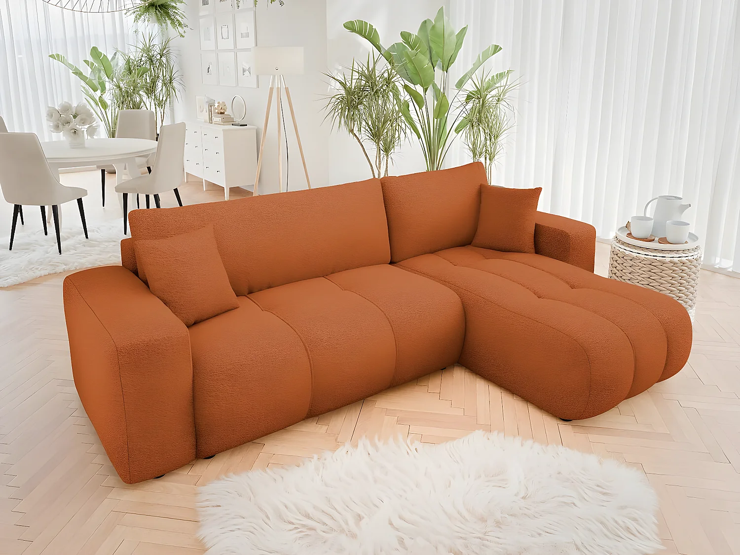 Canapé d'angle convertible bouclette "Larow" - 3 places - Terracotta