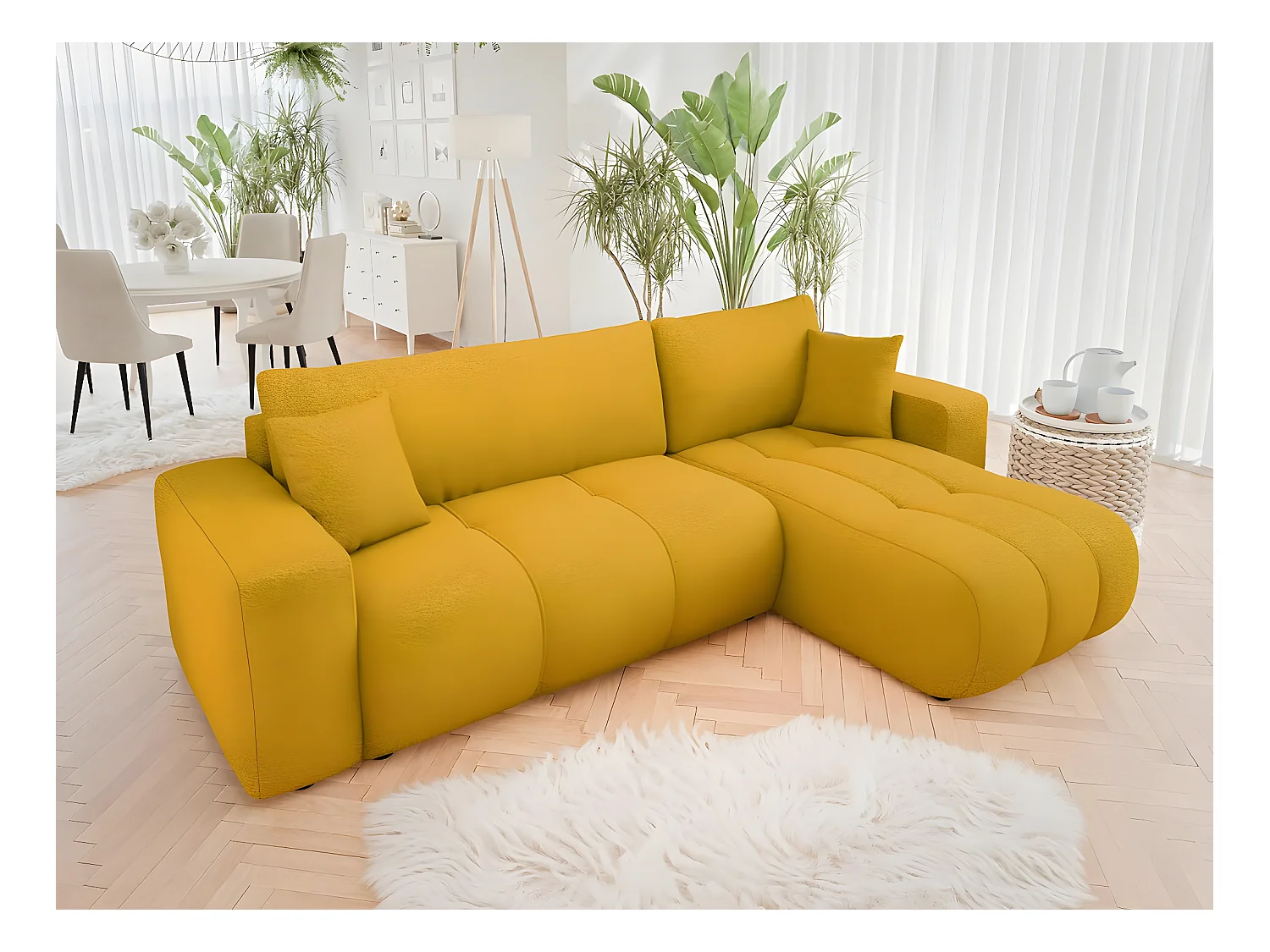 Canapé d'angle convertible bouclette "Larow" - 3 places - Jaune Moutarde