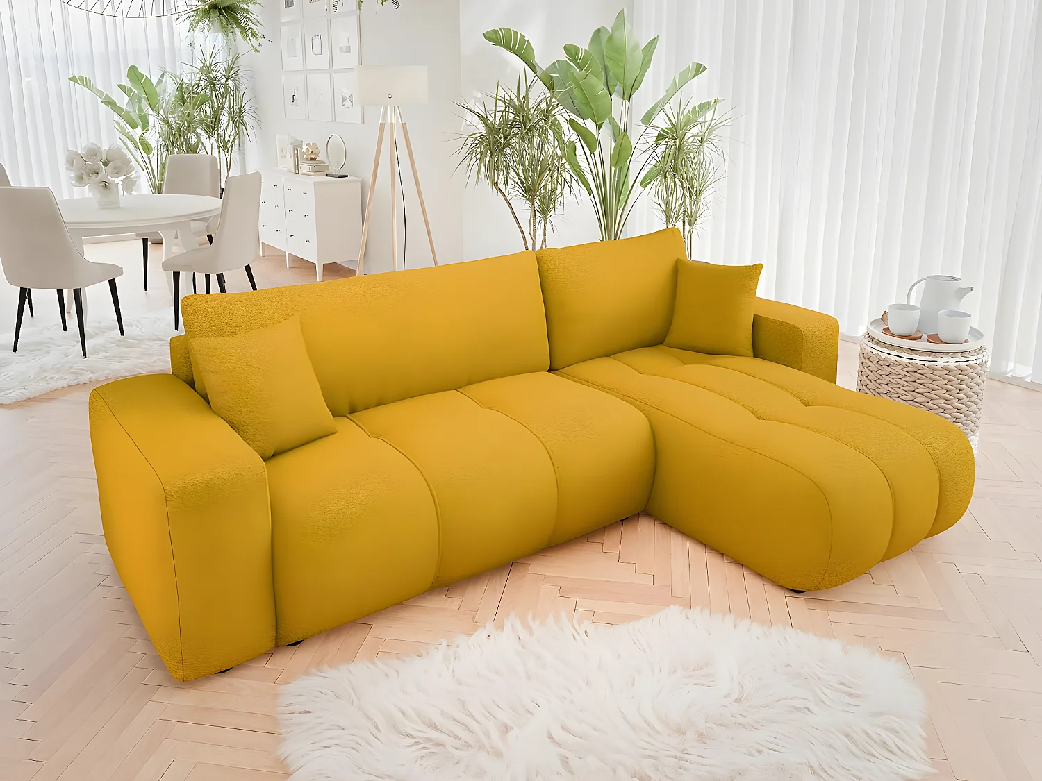 Canapé d'angle convertible bouclette "Larow" - 3 places - Jaune Moutarde