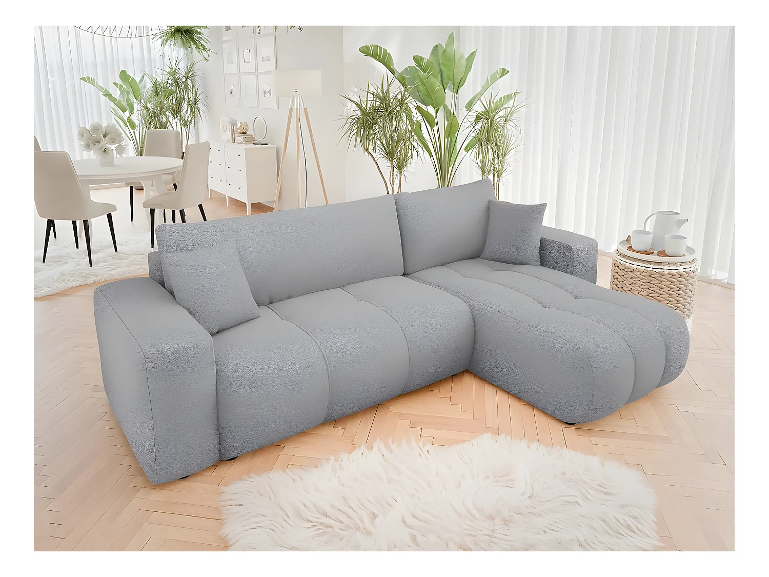 Canapé d'angle convertible bouclette  "Larow" - 3 places - Gris
