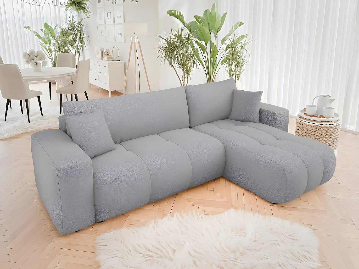 Canapé d'angle convertible bouclette  "Larow" - 3 places - Gris