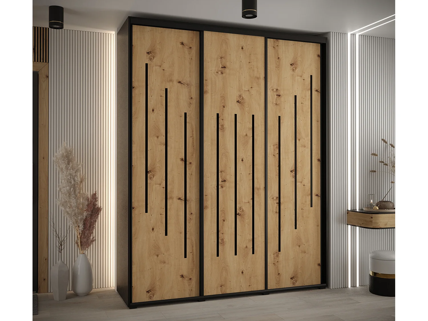 ARMOIRE DAVOS 8 À PORTES COULISSANTES 235,2/200/60 3 portes (Noir/Artisan/Noir)