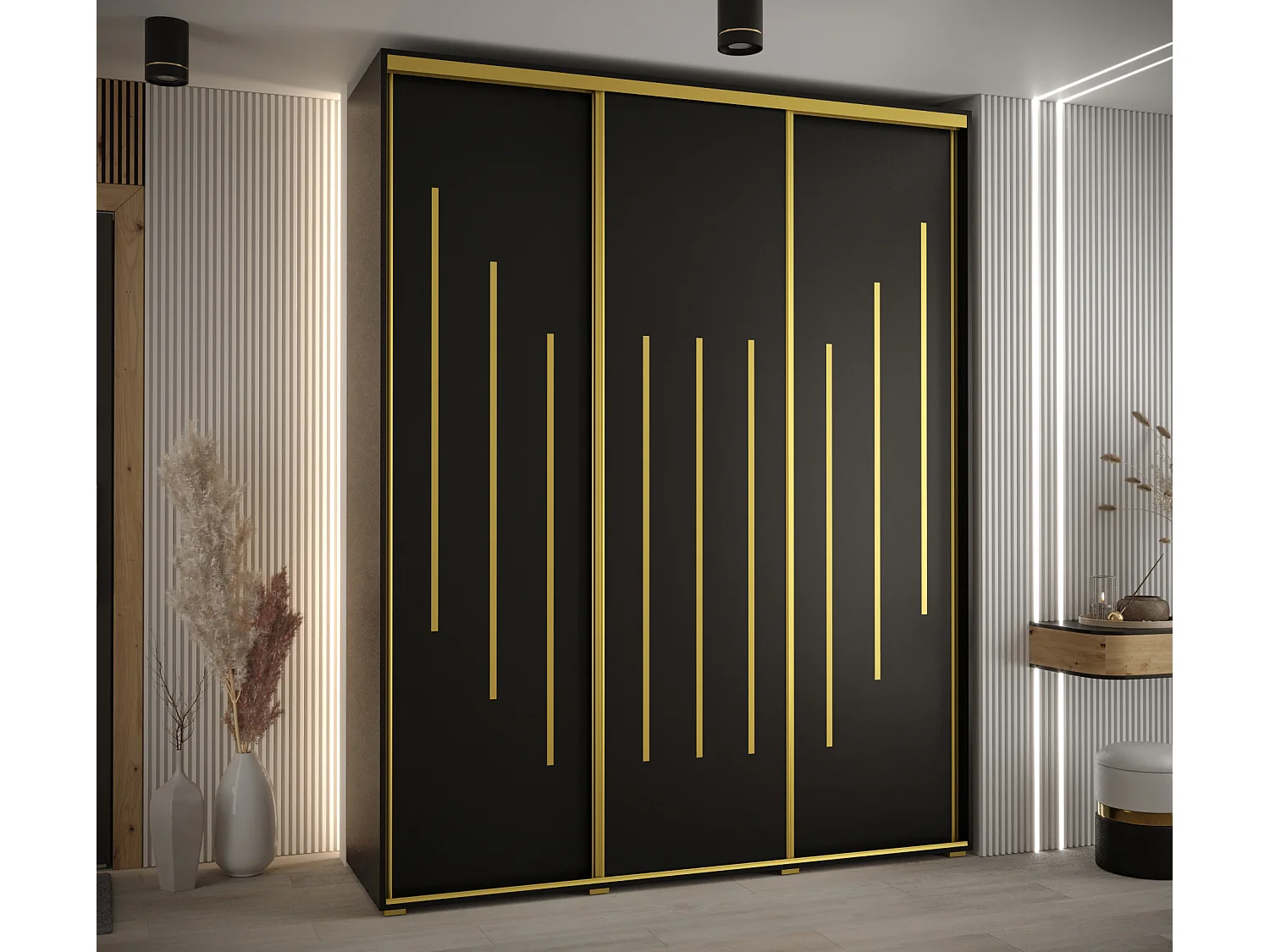 ARMOIRE DAVOS 8 À PORTES COULISSANTES 235,2/190/45 3 portes (Noir/Noir/Or)