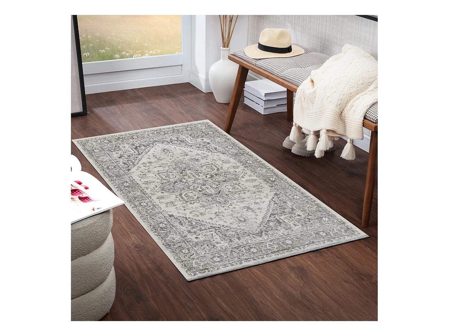Vintage Oosters Tapijt - Grijs/Wit - 80x150cm - FARAH