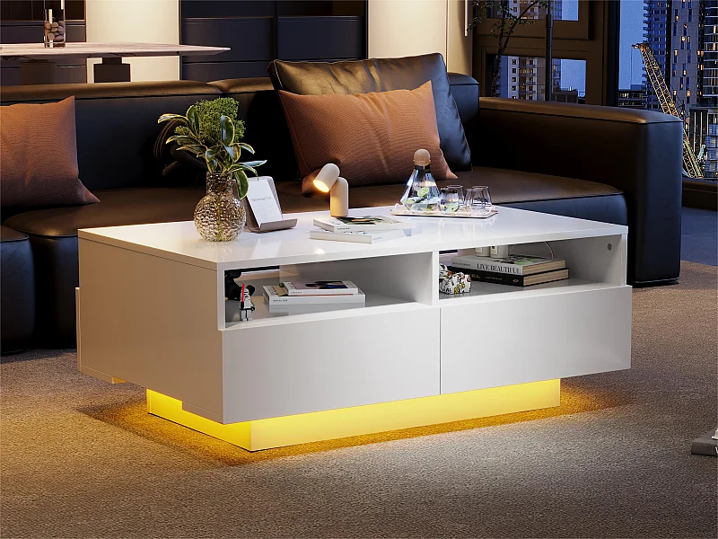Salontafel met 4 laden met LED-licht - glanzende afwerking - Wit