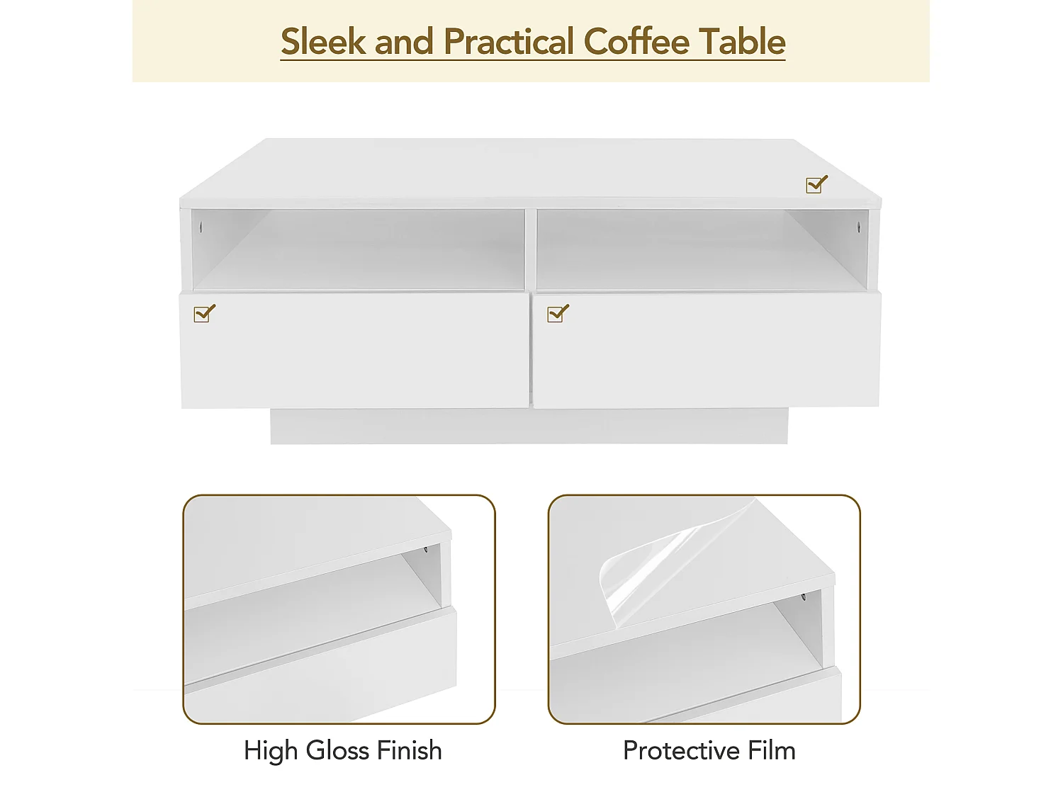 Table basse avec 4 tiroirs avec lumière LED - finition brillante - Blanc