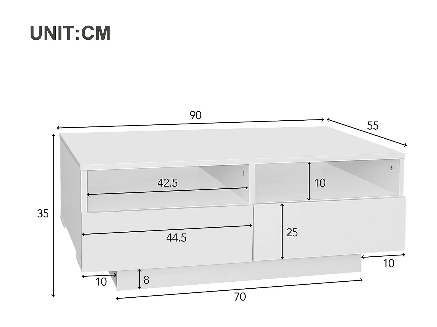Table basse avec 4 tiroirs avec lumière LED - finition brillante - Blanc