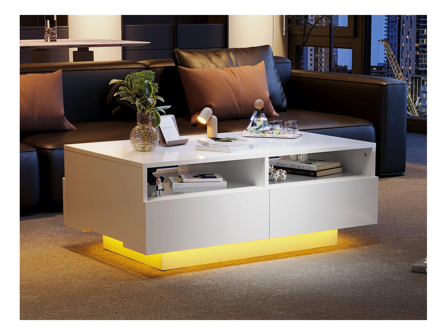 Table basse avec 4 tiroirs avec lumière LED - finition brillante - Blanc