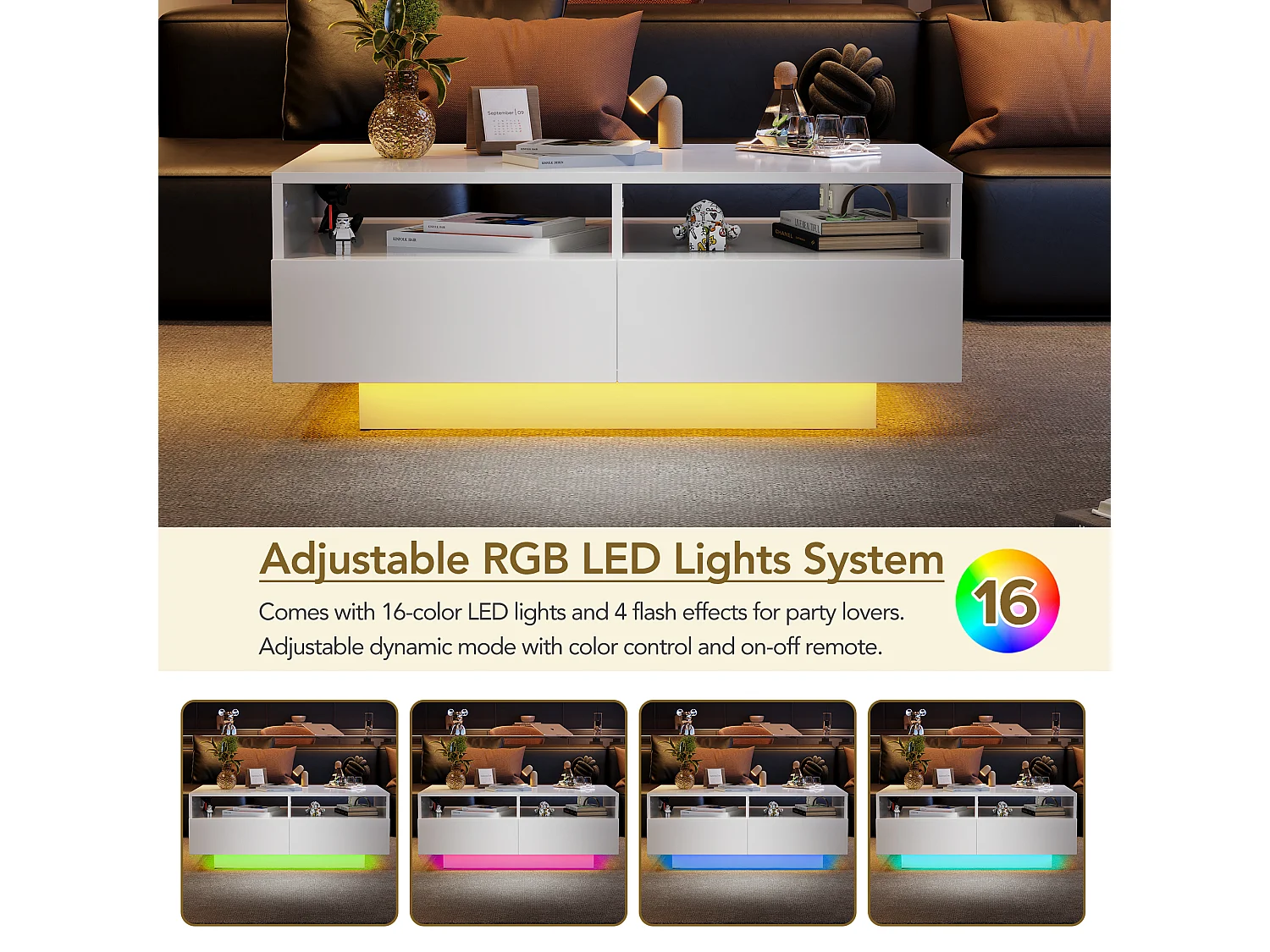 Mesa de centro com 4 gavetas com luz LED - acabamento brilhante - Branco