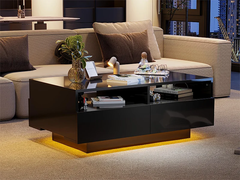 Salontafel met 4 lades met LED-licht - glanzende afwerking - Zwart