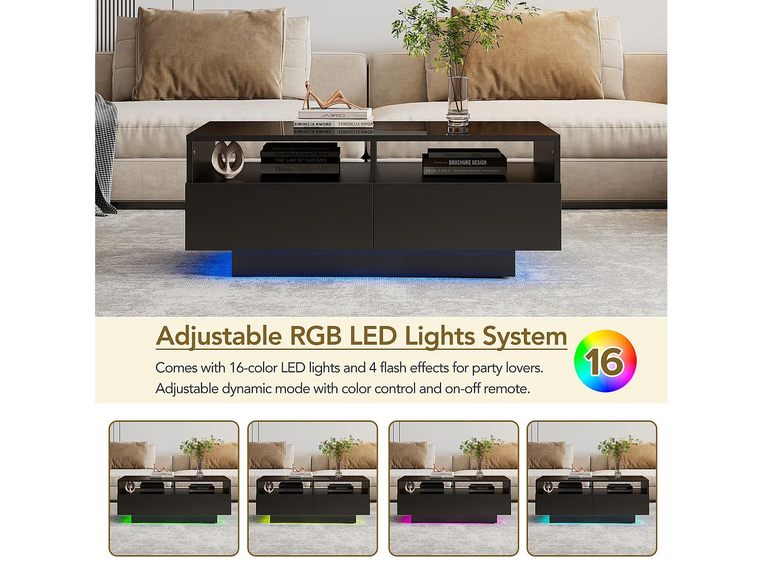 Salontafel met 4 lades met LED-licht - glanzende afwerking - Zwart