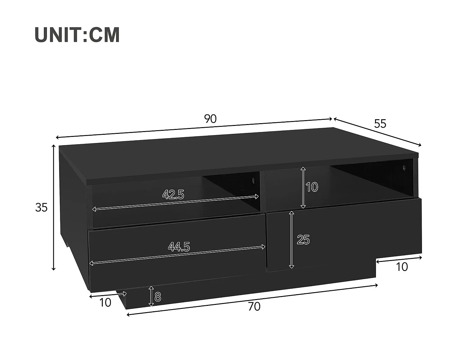 Salontafel met 4 lades met LED-licht - glanzende afwerking - Zwart