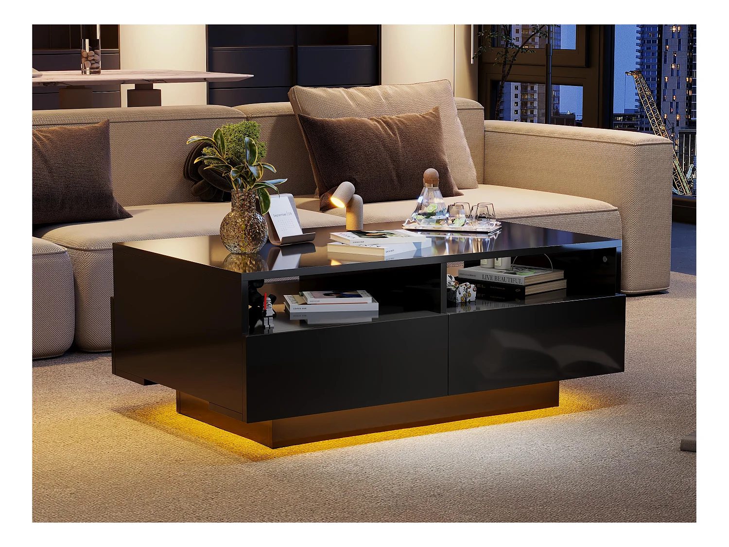 Table basse avec 4 tiroirs avec lumière LED - finition brillante - Noir