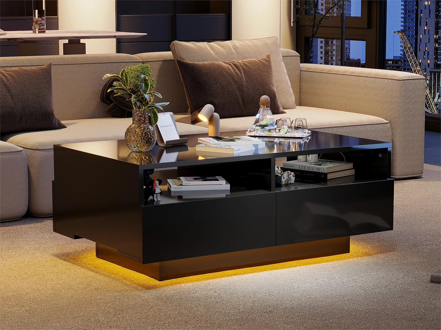 Table basse avec 4 tiroirs avec lumière LED - finition brillante - Noir