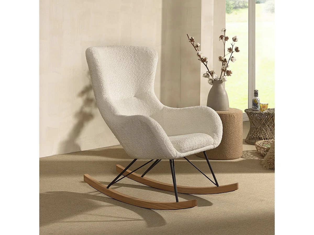 MOUTY - Chaise à Bascule en Tissu Bouclette Blanc Pieds Bois et Métal