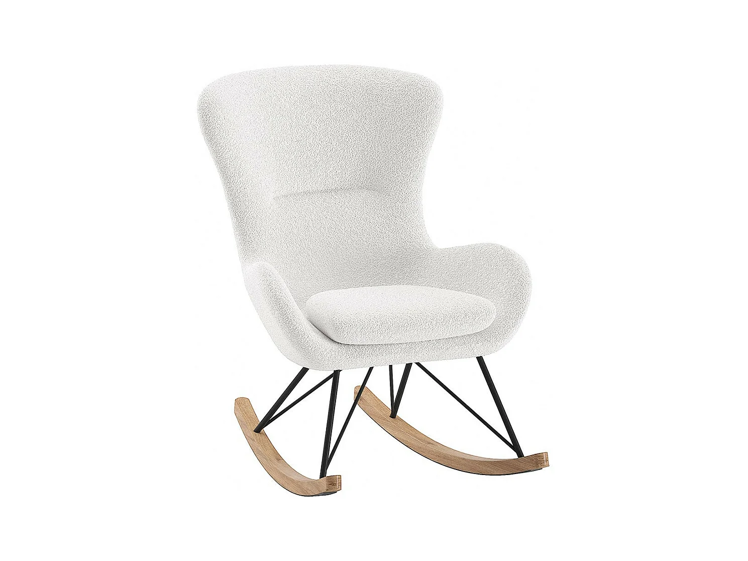 MOUTY - Chaise à Bascule en Tissu Bouclette Blanc Pieds Bois et Métal