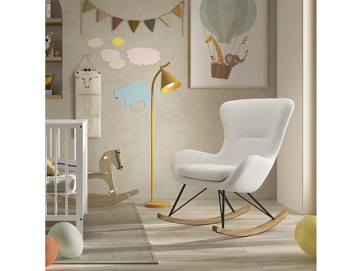 MOUTY - Chaise à Bascule en Tissu Bouclette Blanc Pieds Bois et Métal