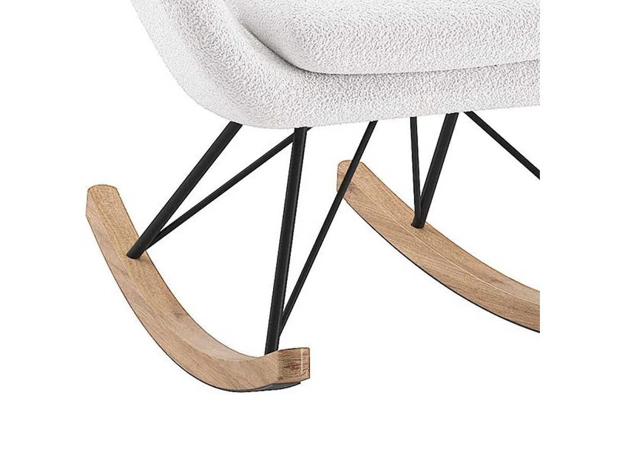 MOUTY - Chaise à Bascule en Tissu Bouclette Blanc Pieds Bois et Métal