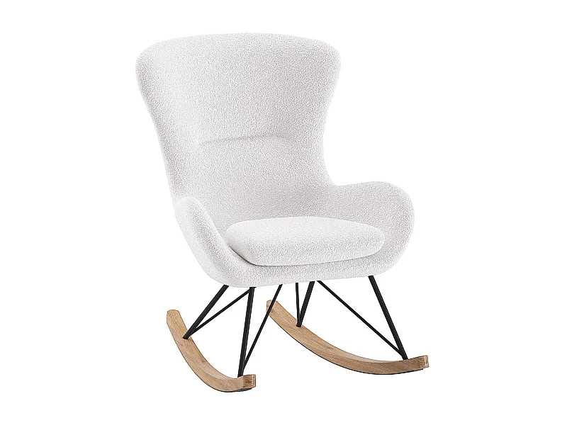 MOUTY - Chaise à Bascule en Tissu Bouclette Blanc Pieds Bois et Métal